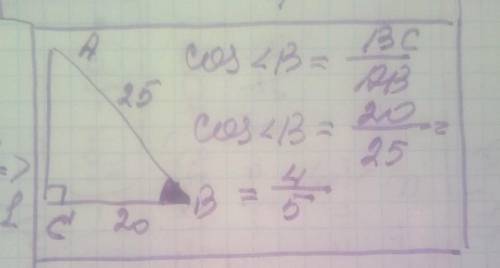 У трикутнику АВС кут С дорівнює 90° , АВ=25 см ВС =20 см . Знайти косинус кута В.​