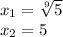 x_{1} = \sqrt[9]{5} \\ x_{2} = 5