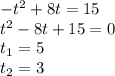 -t^2+8t=15\\t^2-8t+15=0\\t_1=5 \\t_2=3