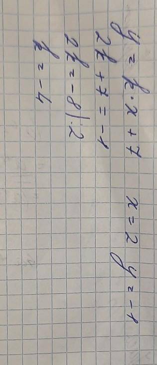 Знайдить значення k, при як от му значення функций y=kx+7 проходить через точку M(2;-1)​