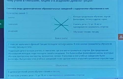 Соотнести виды древнегреческих образовательных заведений с содержанием образования в них​