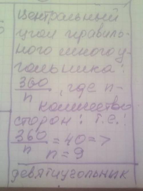 Вкажіть кількість сторін правильного многокутника центральний кут якого дорівнюе 40°