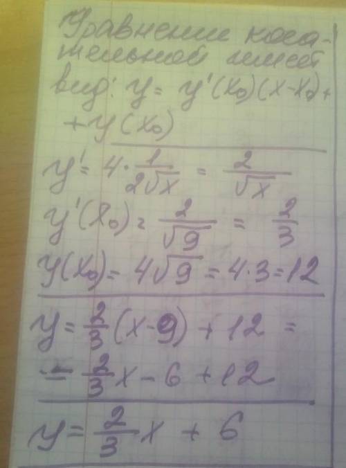 Составьте уравнение касательной к графику функции y = 4√x в точке x = 9.