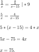 \frac{\frac{5}{9} }{x}=\frac{\frac{4}{9} }{x-15} \ |*9\\\\\frac{5}{x} =\frac{4}{x-15}\\\\5*(x-15)=4*x\\\\5x-75=4x\\\\x=75.