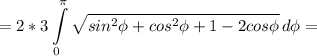 \displaystyle =2*3\int\limits^\pi _0 {\sqrt{sin^2\phi +cos^2\phi+1-2cos\phi} } \, d\phi=