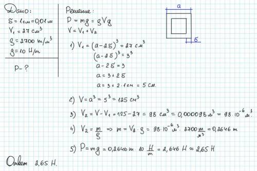 решить задачу, Определите вес полого алюминиевого куба, если толщина стенок 1 см, а объем полости ра
