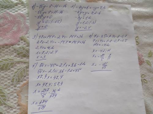 1) -5*(3у+1)-11=-16; 2) -5*(0,8у-1,2)=-у+7,2;3) 4,8*(х+3)=2,4*(х-6)+36;4) 3,5*(2х-1)=1-4*(х+2)-0,7;5