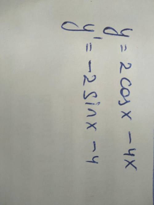 Найдите производную y=2cos x-4x