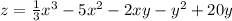 z = \frac{1}{3} {x}^{3} - 5 {x}^{2} - 2xy - {y}^{2} + 20y \\