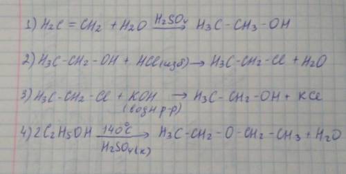 Напишите уравнение реакции Этилен—>этанол—>хлорэтан—>этанол—>диэтиловый эфир