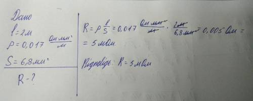 Обчісліть опір мідного дроту завдовжки 2м, якщо площя його поперечного перерізу становить 6,8мм ​