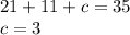 21 + 11 + c = 35\\c = 3