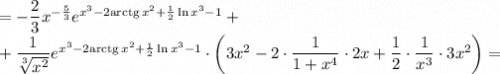 =-\dfrac{2}{3} x^{-\frac{5}{3} } e^{x^3-2\mathrm{arctg}\,x^2+\frac{1}{2}\ln x^3-1}+\\+\dfrac{1}{\sqrt[3]{x^2} } e^{x^3-2\mathrm{arctg}\,x^2+\frac{1}{2}\ln x^3-1}\cdot\left(3x^2-2\cdot\dfrac{1}{1+x^4}\cdot2x+\dfrac{1}{2}\cdot\dfrac{1}{x^3}\cdot3x^2\right)=