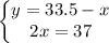 \left\{\begin{matrix}y=33.5-x\\ 2x=37\end{matrix}\right.