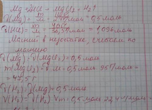 12 г. магнію провзажмодіяли з 40 г хлоридної кислоти знайти масу солі що утворилася і об'єм газу яки