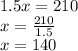 1.5x = 210 \\ x = \frac{210}{1.5} \\ x = 140