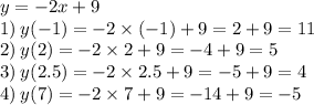 y = - 2x + 9 \\ 1) \: y( - 1) = - 2 \times ( - 1) + 9 = 2 + 9 = 11 \\2)\: y(2) = - 2 \times 2 + 9 = - 4 + 9 = 5 \\ 3)\: y(2.5) = - 2 \times 2.5 + 9 = - 5 + 9 = 4 \\4)\: y(7) = - 2 \times 7 + 9 = - 14 + 9 = - 5