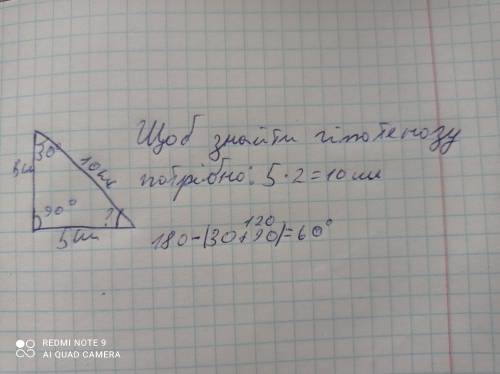 Знайти невідомі сторони та кути прямокутного трикутника за такими даними a = 30 градусів, a = 5см