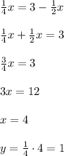 \frac{1}{4} x=3-\frac{1}{2} x \\ \\ \frac{1}{4} x+\frac{1}{2} x=3 \\ \\ \frac{3}{4} x=3 \\ \\ 3x=12 \\ \\ x=4 \\ \\ y=\frac{1}{4}\cdot 4=1