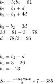 b_{2}=3; b_{5}=81\\b_{2}=b_{1}+d\\b_{5}=b_{1}+4d\\\\b_{5}-b_{2}=3d\\3d=81-3=78\\d=78/3=26\\\\\\b_{1}=b_{2}-d\\b_{1}=3-26\\b_{1}=-23\\\\S_{7}=\frac{-46+26*6}{2} *7=385