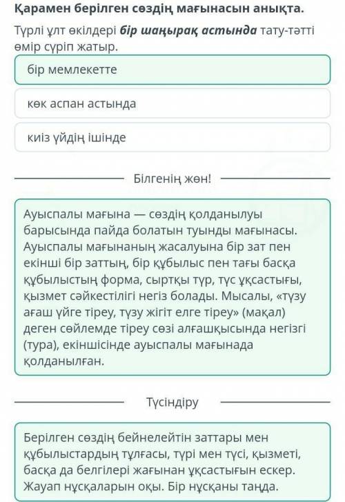 Бірлігі жарасқан ел н елТолуҚарамен берілген сөздің мағынасын анықта.Түрлі ұлт өкілдері бір шаңырақ