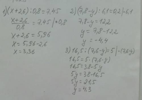 1198. Решите уравнения 6 класс1) (x+2,6) : 0,8 = 7,452) (7,8 - y) : 6,1 = 0,23) 16,5 : (7,6 - y) = 5