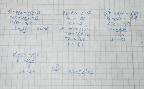 Укажіть рівняння, коренем якого є число 2,6 * -7(х-2,6)=06х-3+4х=-23-7(х+2,6)=0(4-0,6)х=-8,844х=-10,