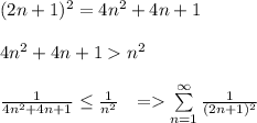 (2n+1)^2 = 4n^2+4n+1 \\ \\ 4n^2+4n+1 n^2 \\ \\ \frac{1}{4n^2+4n+1}\leq \frac{1}{n^2} \ \ = \sum\limits^\infty_{n=1} \frac{1}{(2n+1)^2}