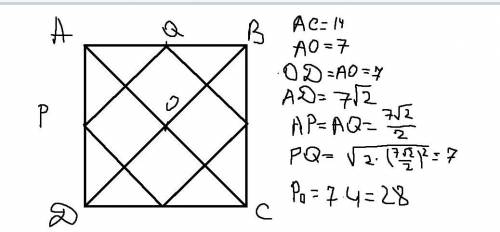 Длина диагонали квадрата равна 14 см. Вычисли периметр такого квадрата, вершины которого находятся в