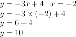 y = - 3x + 4 \mid x = - 2 \\ y = - 3 \times ( - 2) + 4 \\ y = 6 + 4 \\ y = 10