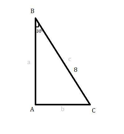У прямокутному трикутнику АВС с=8см і гострий кут B = 30°. Знайти катети і другый гострий кут