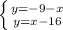 \left \{ {{y=-9 -x} \atop {y=x - 16}} \right.