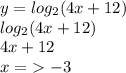 y = log_{2}(4x + 12) \\ log_{2}(4x + 12) \\ 4x + 12 \\ x = \ - 3 \\ \\