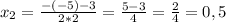 x_2=\frac{-(-5)-3}{2*2}=\frac{5-3}{4}=\frac{2}{4}=0,5