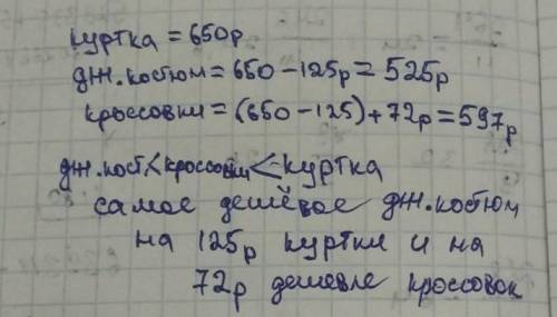 Куртка сто́ит 650 р., джинсовый костюм на 125 р. дешевле куртки, а кроссовки на 72 р. дороже костюма