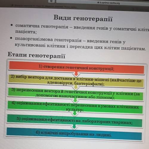 . Впорядкуйте послідовність етапів генотерапії від генетичної конструкції (1) до випробувань на люди