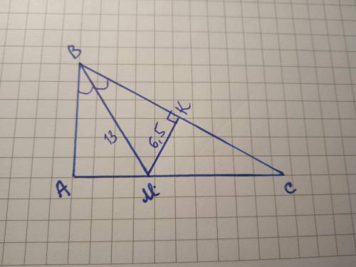 В примоугольном треугольнике АВС уголА - 90 биссектриса ВМ равна 13 см Расстояние от М до прямой рав