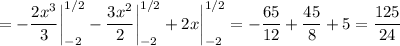 \displaystyle =-\frac{2x^3}{3} \bigg |_{-2}^{1/2}-\frac{3x^2}{2} \bigg |_{-2}^{1/2}+2x\bigg |_{-2}^{1/2}= -\frac{65}{12} +\frac{45}{8} +5=\frac{125}{24}