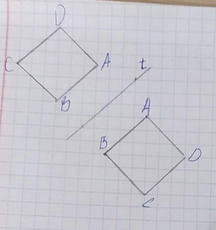 построить ромб Abcd, построить прямую t, параллельную АВ и построить фигуру симметричную данному ром