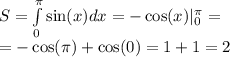 S= \int\limits^{ \pi } _ {0} \sin(x)dx = - \cos(x) |^{ \pi} _ {0} = \\ = - \cos(\pi) + \cos(0) = 1 + 1 = 2