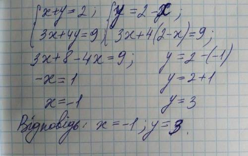 Яка пар чисел ж розв'язком системи x+y=2, 3x+4y=9​