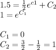 1.5 = \frac{1}{2} {e}^{c1} + C_2 \\ 1 = {e}^{C_1} \\ \\ C_1 = 0 \\ C_2 = \frac{3}{2} - \frac{1}{2} = 1