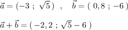 \vec{a}=(-3\ ;\ \sqrt5\, )\ \ ,\ \ \ \vec{b}=(\ 0,8\ ;\, -6\, )\\\\\vec{a}+\vec{b}=(\, -2,2\ ;\, \sqrt5-6\ )