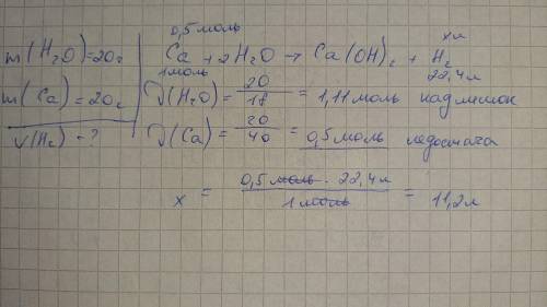Який об'єм водню виділиться якщо змішати 20 г кальцію та 20 грам води​