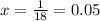 x = \frac{1}{18} = 0.05