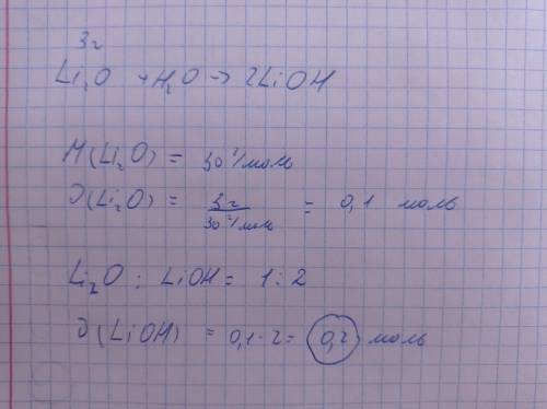 Знайти Кількість речовини продукту реакції,що утворився взаємодією 3гр оксиду Li з водою