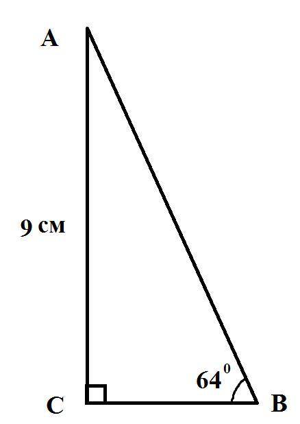 решить. Дано:∆АВС, угол В=64°, АС=9см, угол С=90°. Найти: ВС. Решение: 1. tgB=AC/BC=BC=...*... ответ