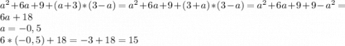 a^{2} +6a+9+(a+3)*(3-a)=a^{2} +6a+9+(3+a)*(3-a)=a^{2} +6a+9+9-a^{2} =6a+18\\a=-0,5\\6*(-0,5)+18=-3+18=15