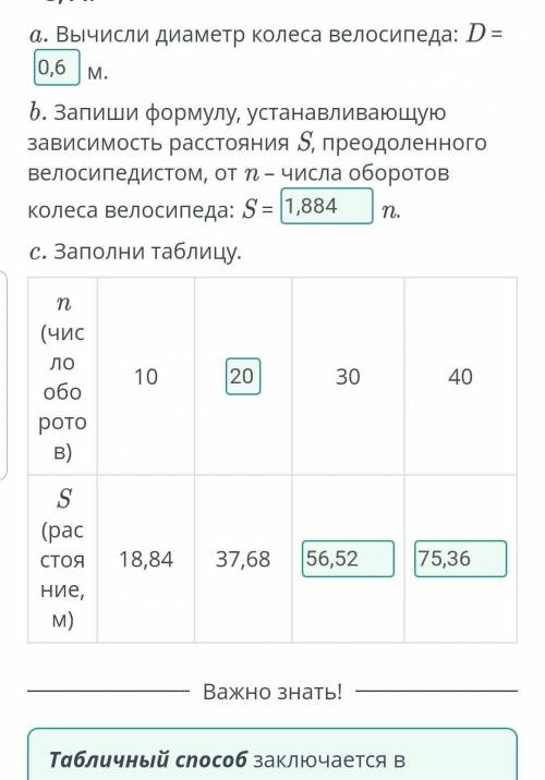 В таблице дана зависимость расстояния S, преодоленного велосипедистом, от n – числа оборотов колеса