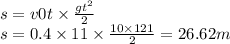 s = v0 t \times \frac{gt ^{2} }{2} \\ s = 0.4 \times 11 \times \frac{10 \times 121} {2} = 26.62m